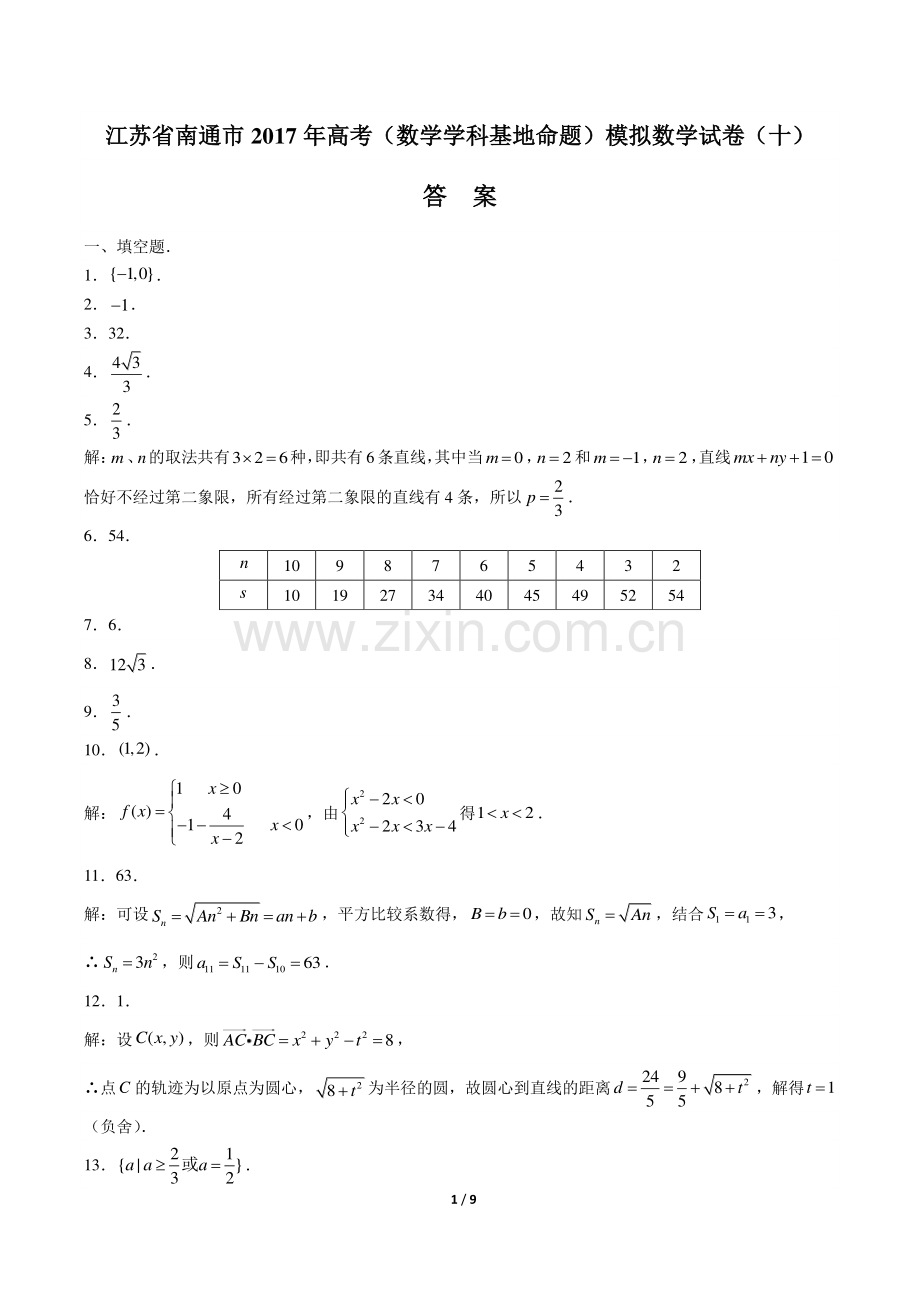 【江苏省南通市】2017年高考(数学学科基地命题)模拟数学试卷(十)-答案.pdf_第1页