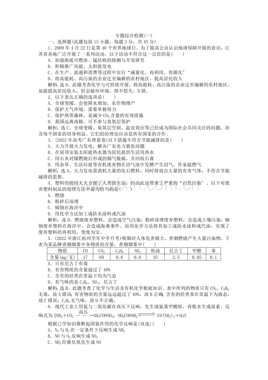 2022年高中化学《化学与生活》专题综合检测(一)鲁科版选修1.docx_第1页