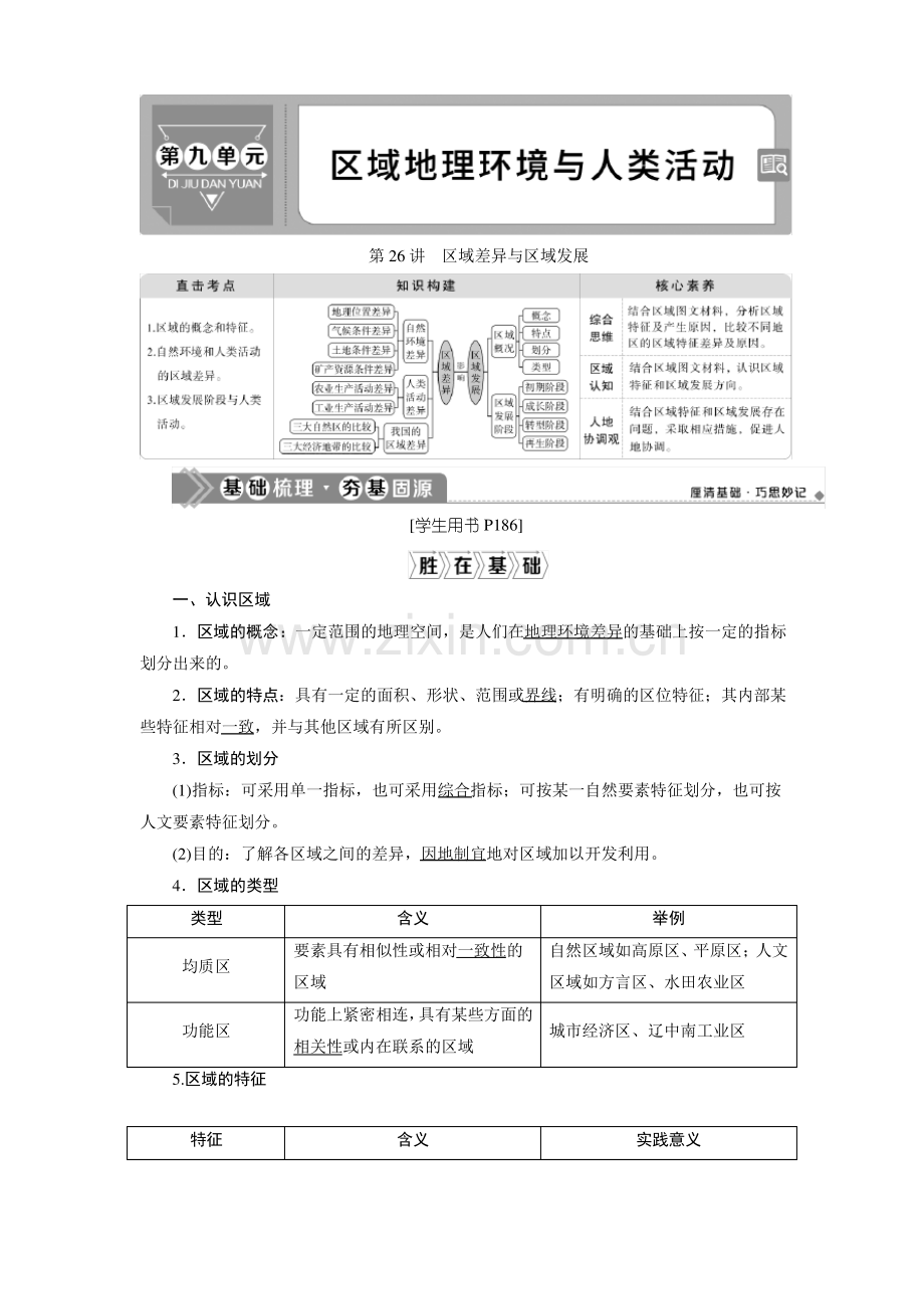 2021版高考地理(鲁教版)一轮复习教师用书：第26讲 区域差异与区域发展 Word版含答案.pdf_第1页