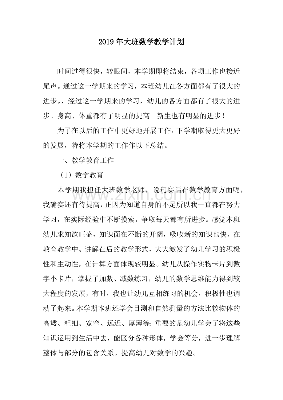 2019年大班数学教学计划.docx_第1页