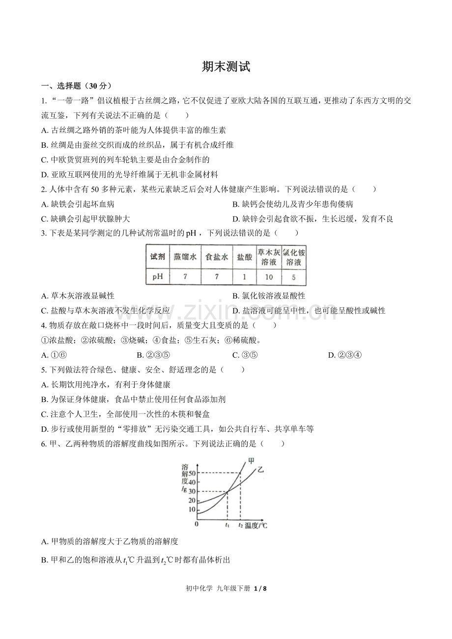 (人教版)初中化学九下-期末测试01.pdf_第1页