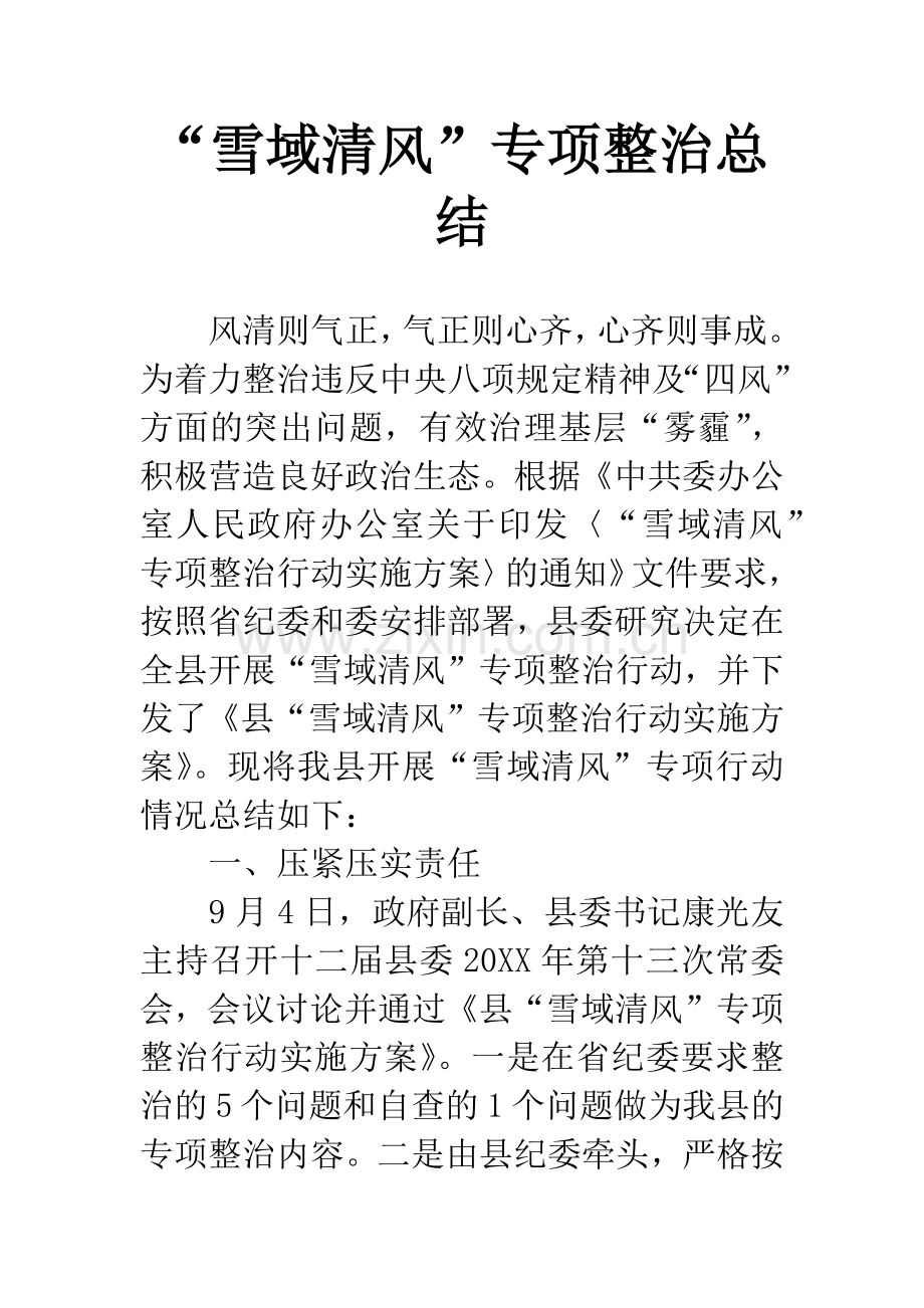 “雪域清风”专项整治总结.docx_第1页