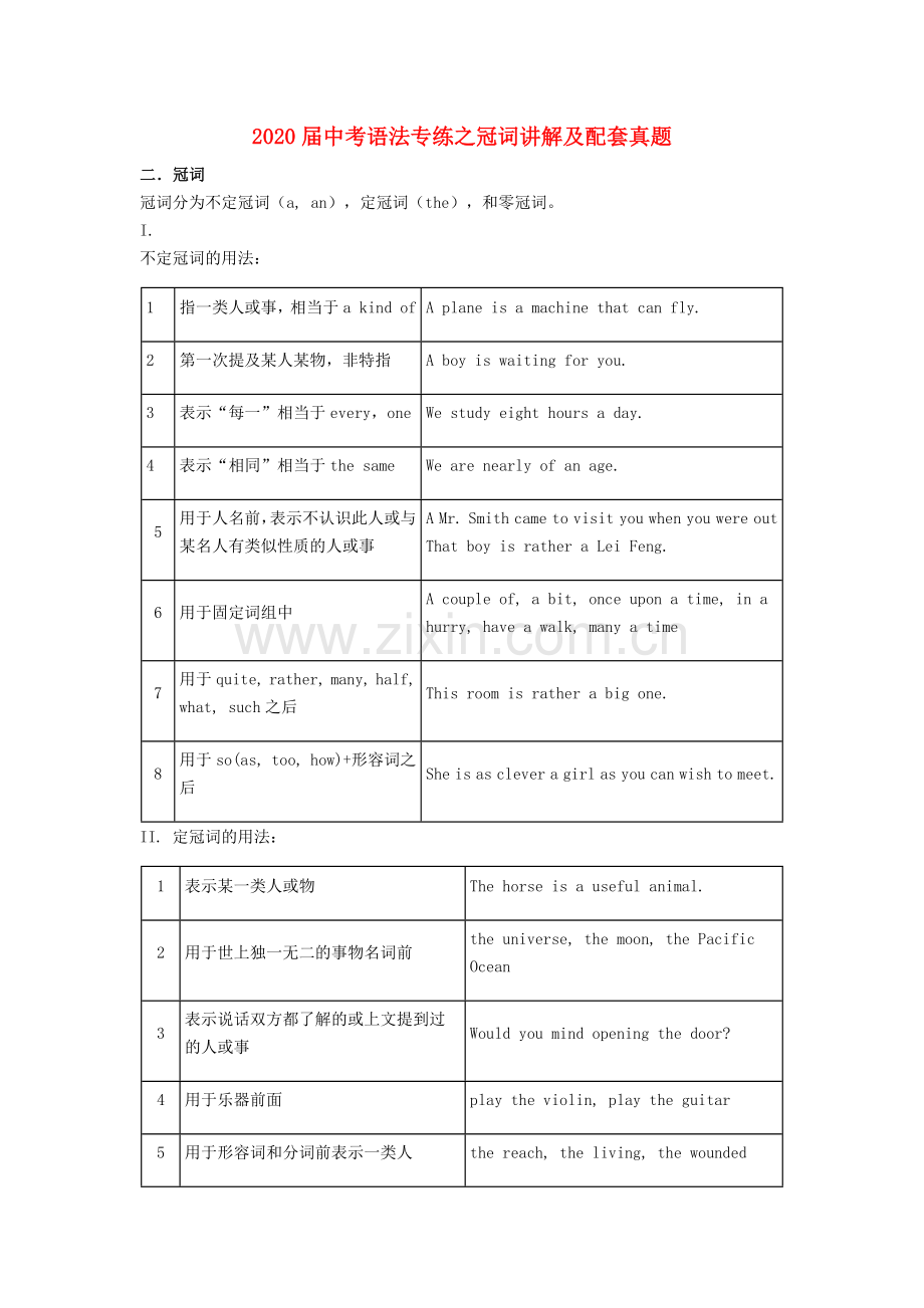 2022届中考英语语法专练冠词讲解及真题专练.docx_第1页