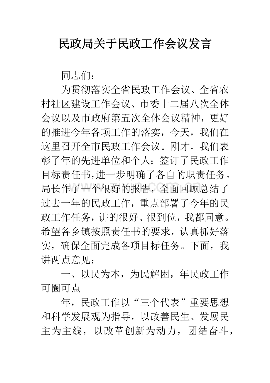 民政局关于民政工作会议发言.docx_第1页