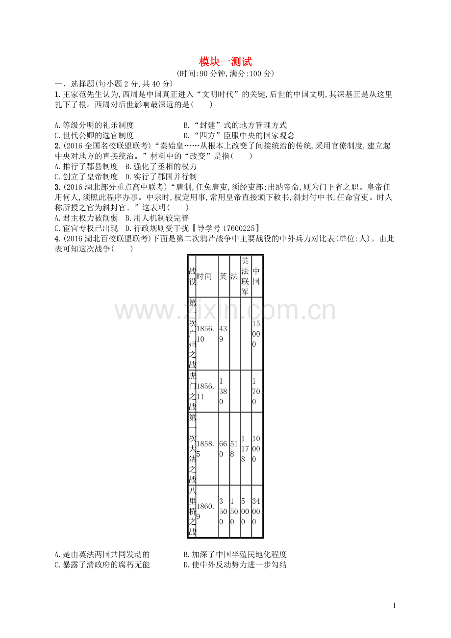 高优指导2021高考历史一轮复习测试模块一含解析岳麓版.doc_第1页