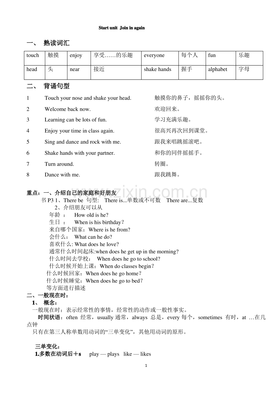 (2020年春)剑桥版五年级英语下册单元知识梳理Starter unit.pdf_第1页