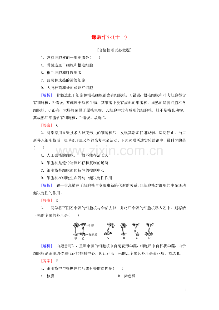 2019_2020学年新教材高中生物课后作业11细胞核的结构和功能新人教版必修1.doc_第1页