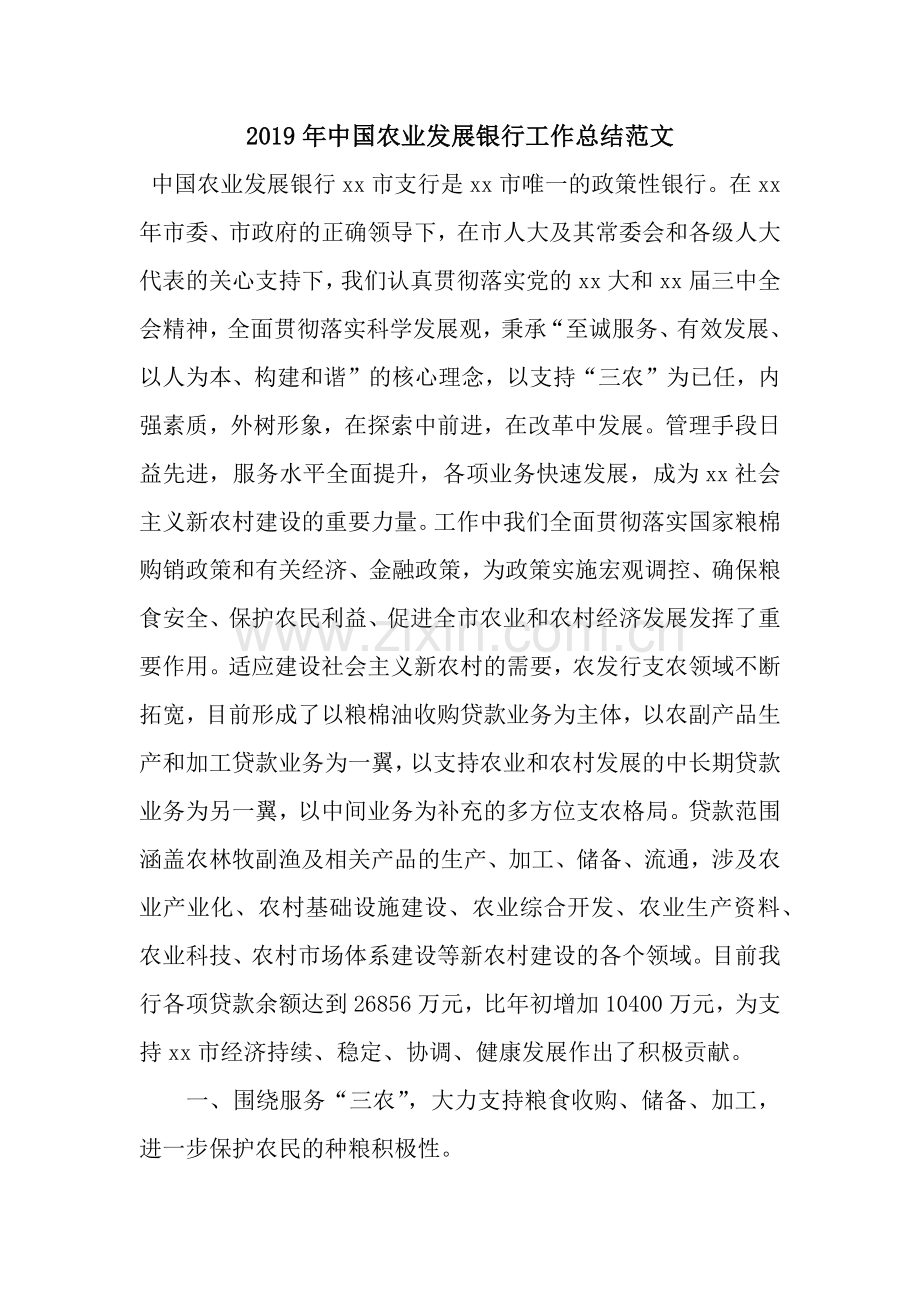 2019年中国农业发展银行工作总结范文.docx_第1页