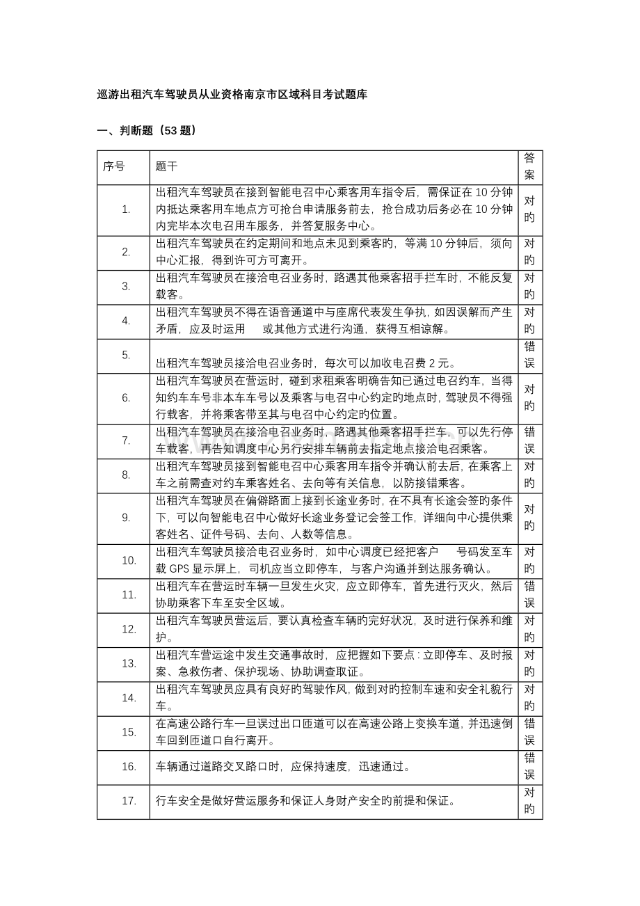 2023年巡游出租汽车驾驶员从业资格南京市区域科目考试题库.docx_第1页