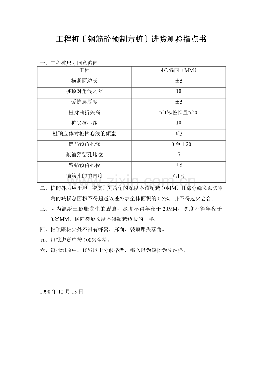 096 工程桩（钢筋砼预制方桩）进货检验指导书.doc_第1页