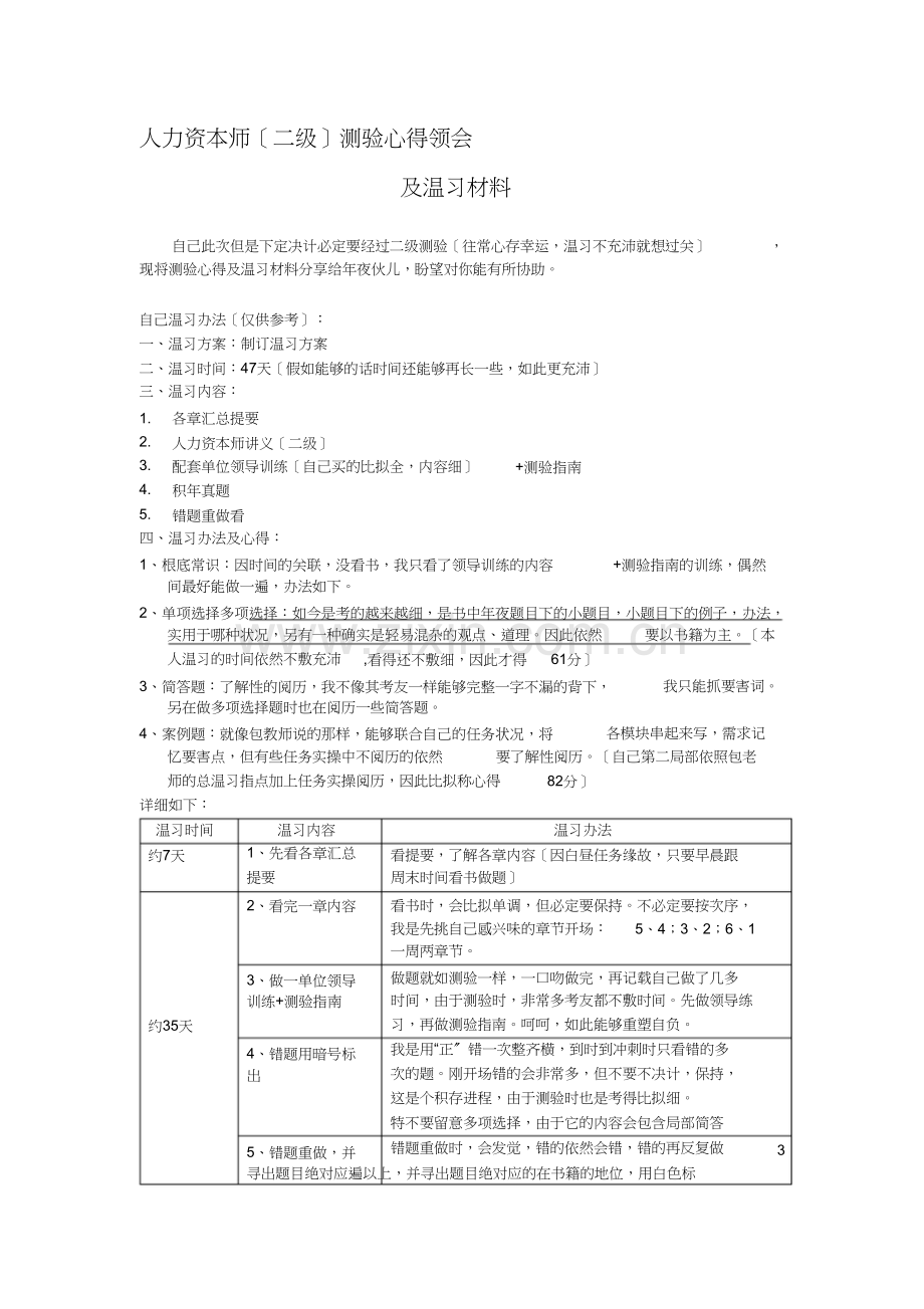 11月人力资源二级考试心得体会及复习资料.doc_第1页