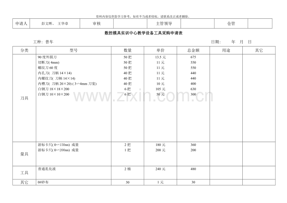 数控模具实训中心教学设备工具采购申请表样本.doc_第2页