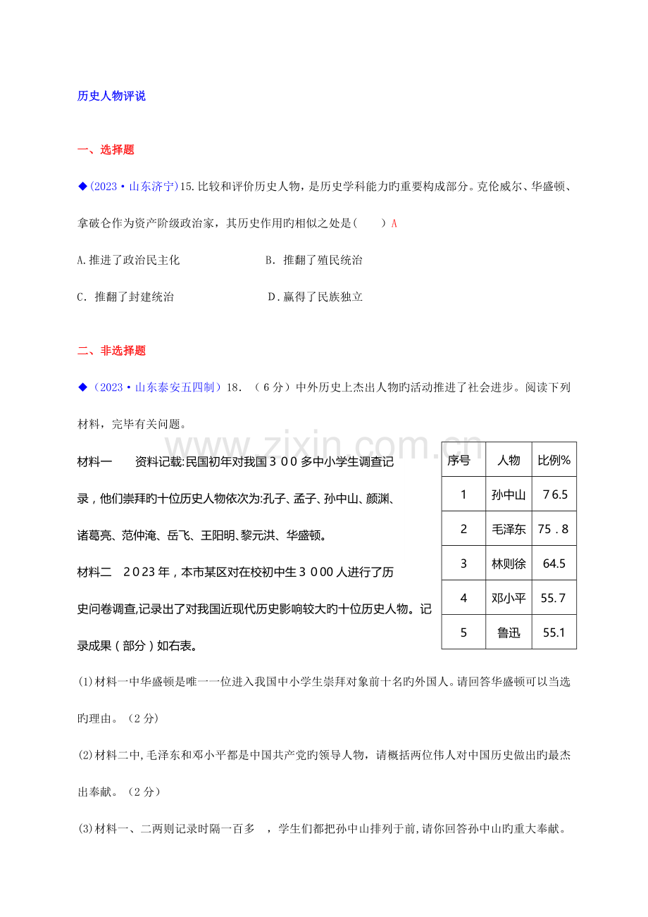 2023年中考历史真题分类汇总历史人物评说.doc_第1页