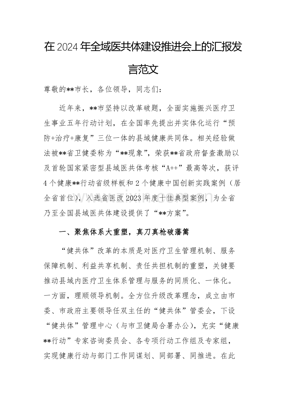 在2024年全域医共体建设推进会上的汇报发言范文.docx_第1页