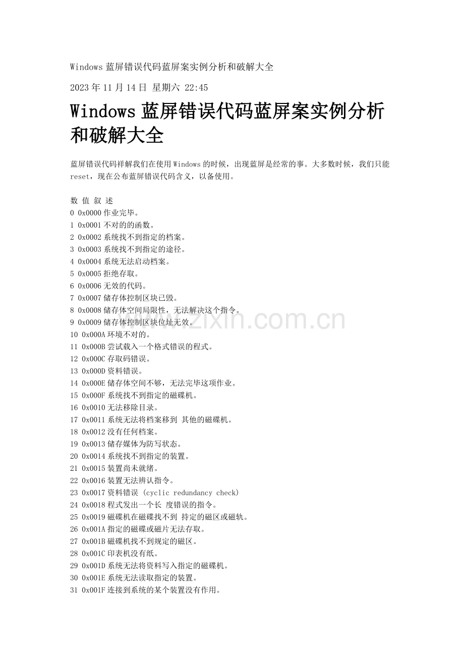 2023年Windows蓝屏错误代码蓝屏案实例分析和破解大全.doc_第1页