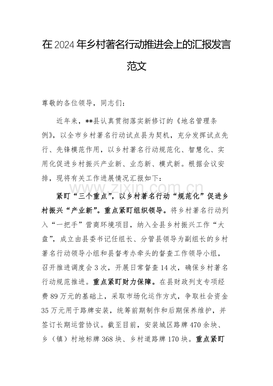 在2024年乡村著名行动推进会上的汇报发言范文.docx_第1页