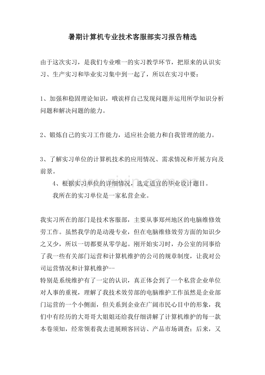 暑期计算机专业技术客服部实习报告.doc_第1页
