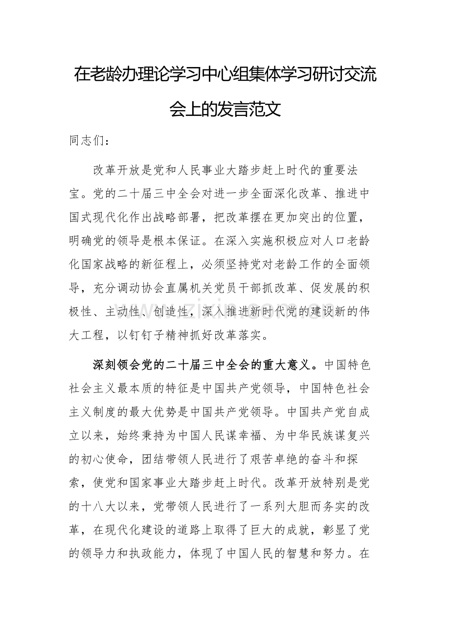 在老龄办理论学习中心组集体学习研讨交流会上的发言范文.docx_第1页