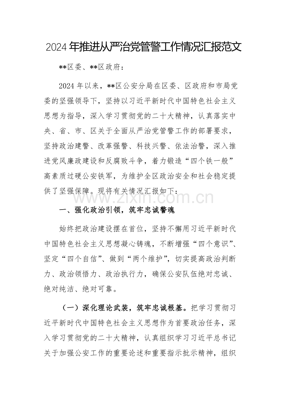 2024年推进从严治党管警工作情况汇报范文.docx_第1页