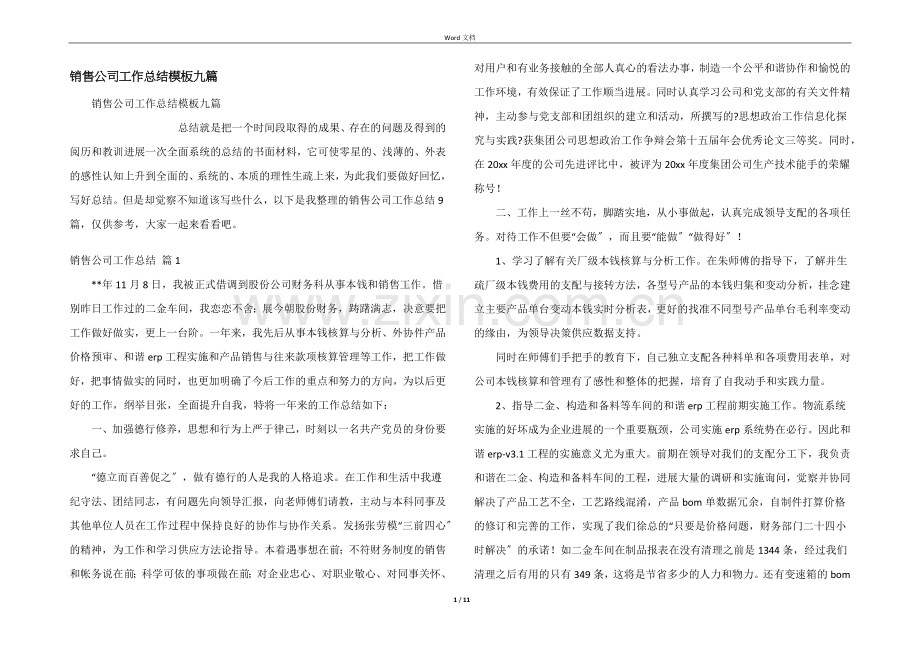 销售公司工作总结模板九篇.docx_第1页