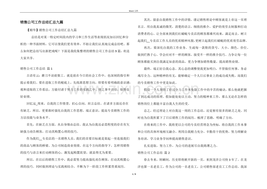销售公司工作总结汇总九篇.docx_第1页