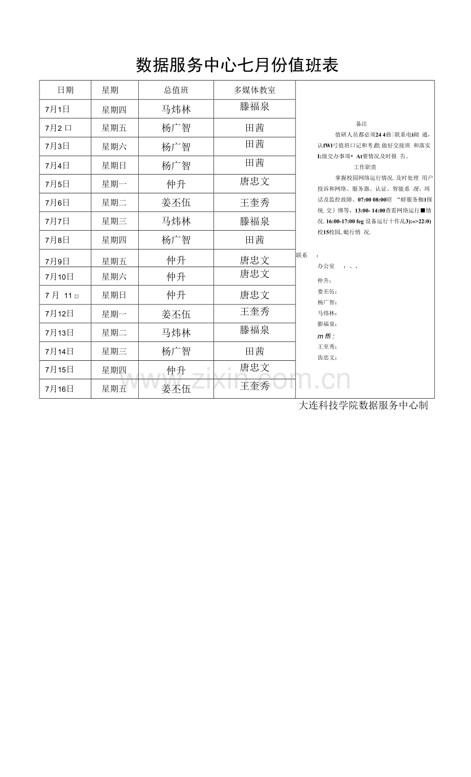 数据服务中心七月份值班表.docx_第1页