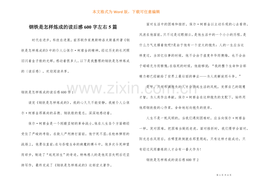 钢铁是怎样炼成的读后感600字左右5篇.docx_第1页