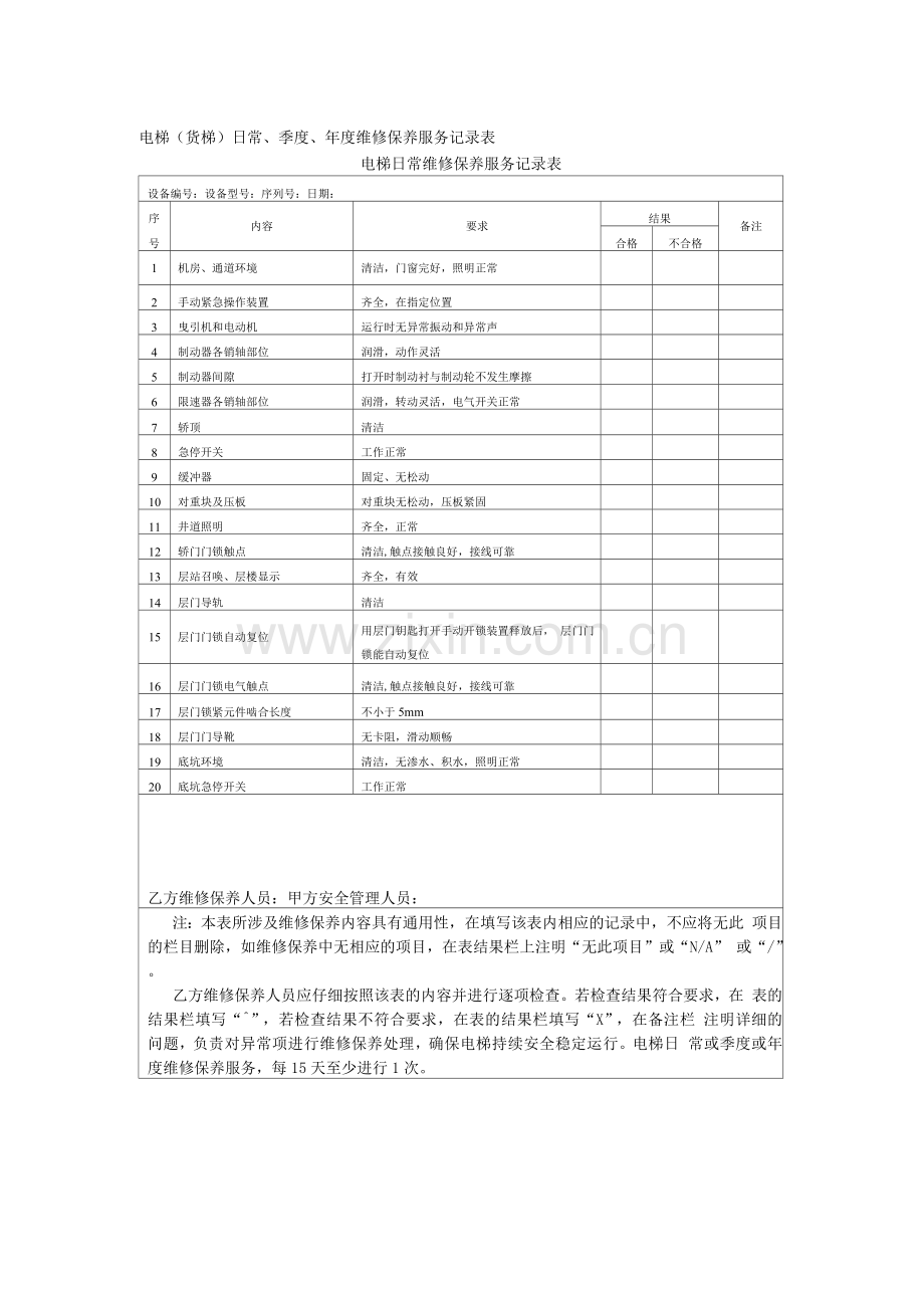 电梯货梯杂物货梯日常季度年度维修保养服务记录表维保记录.docx_第1页