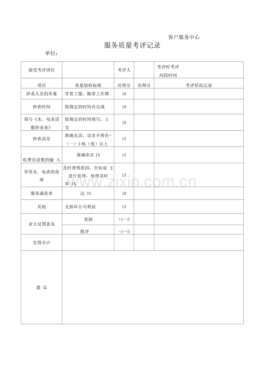 服务质量考评记录.docx_第1页