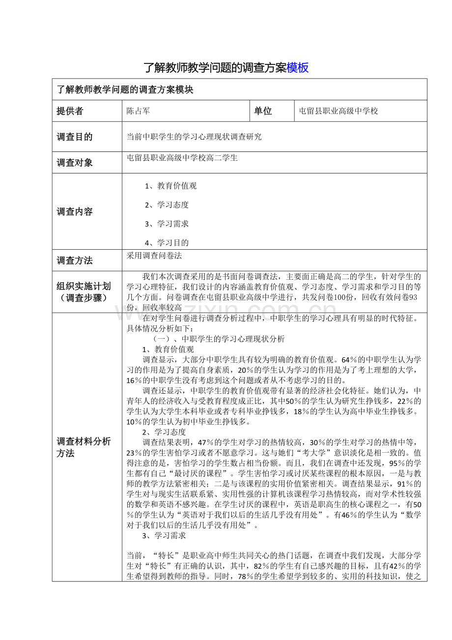 高中教辅职高了解教师教学问题的调查方案模版.doc_第2页