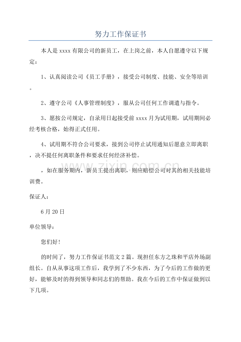 努力工作保证书.docx_第1页
