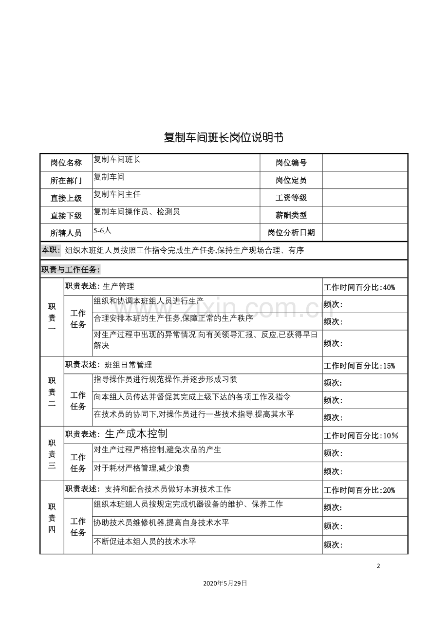 河北纪元光电公司生产部复制车间班长岗位说明书.doc_第2页