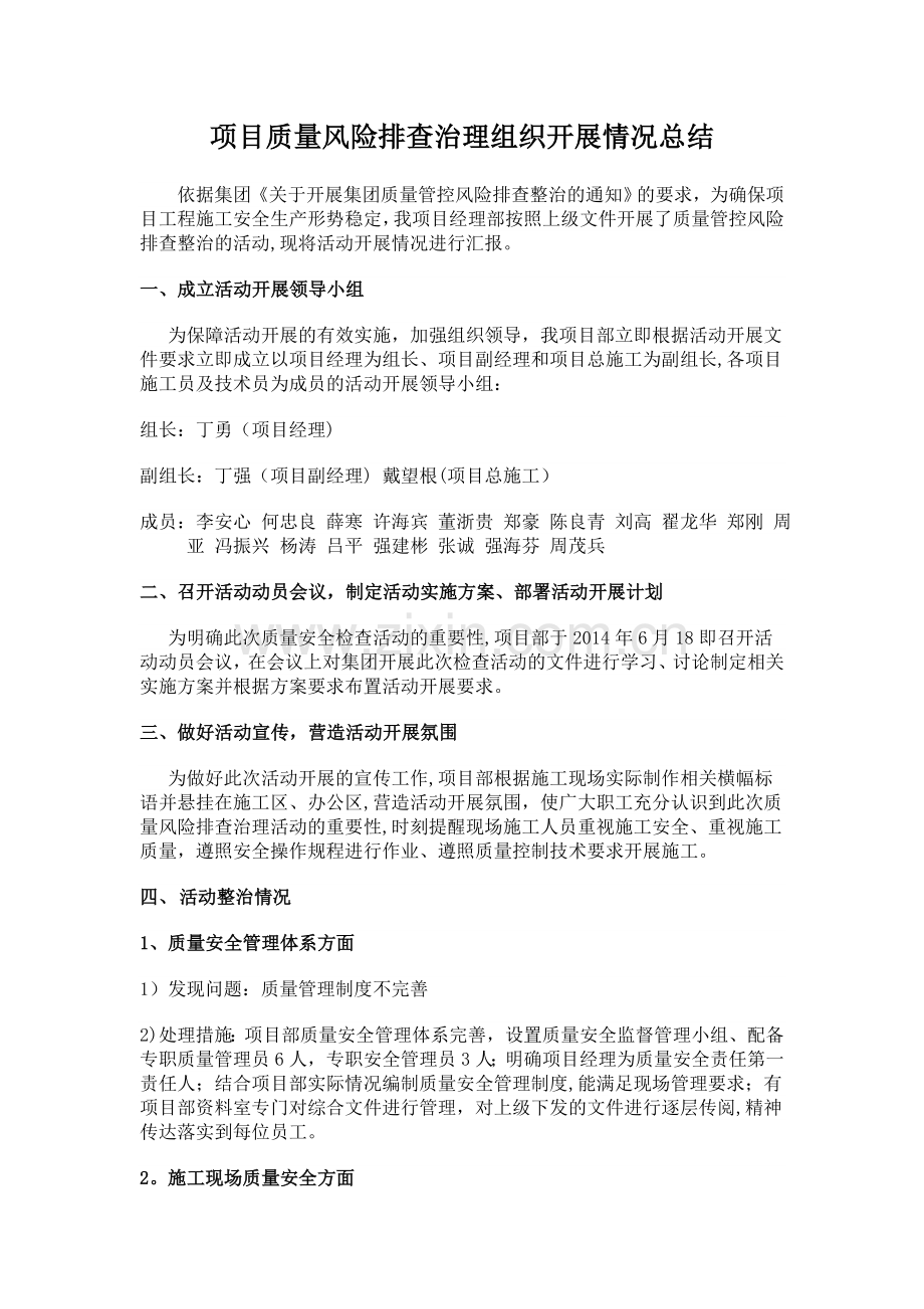 项目质量风险排查治理组织开展情况总结.doc_第1页