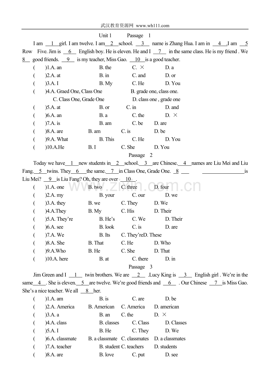 小学英语完形填空训练100篇-分单元-有答案-共64页.doc_第1页