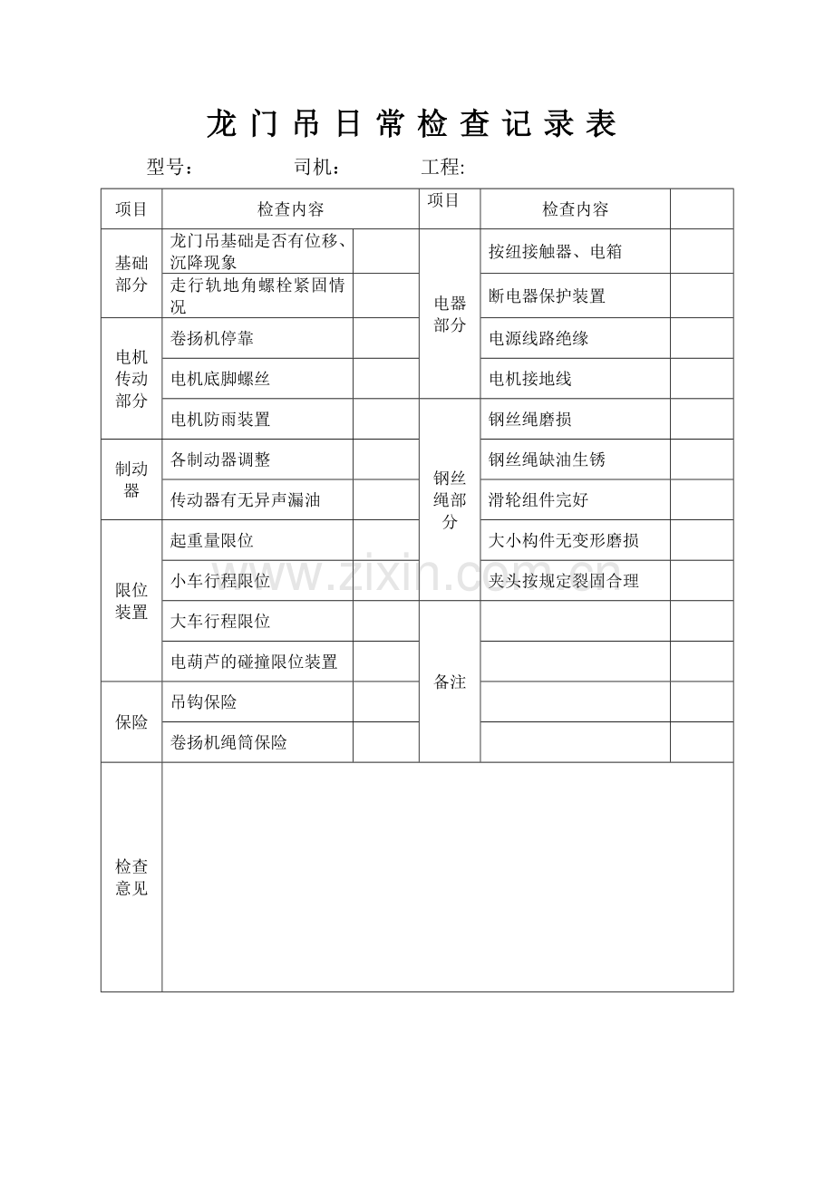 龙门吊日常检查记录表.doc_第1页