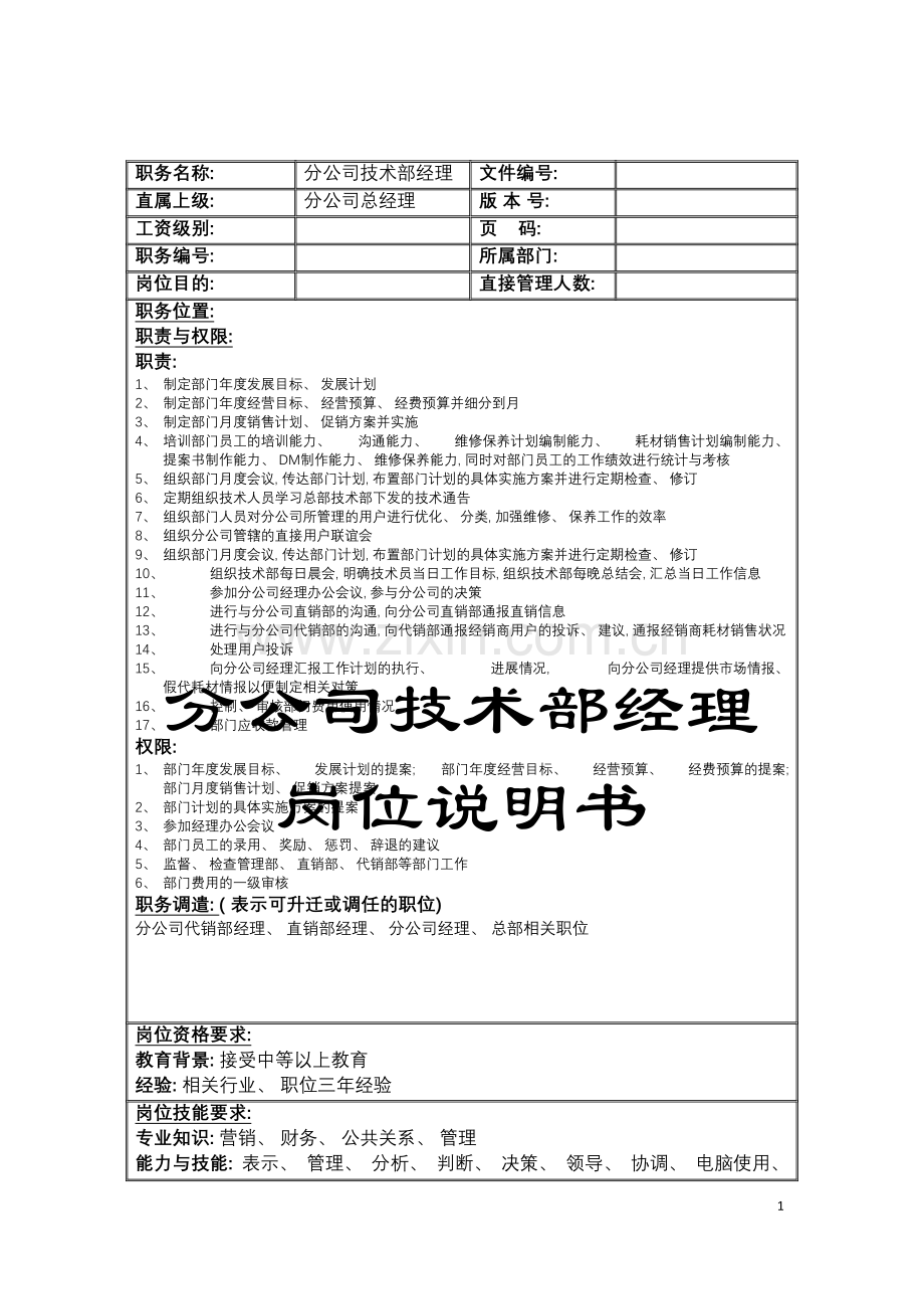 分公司技术部经理岗位说明书.doc_第1页