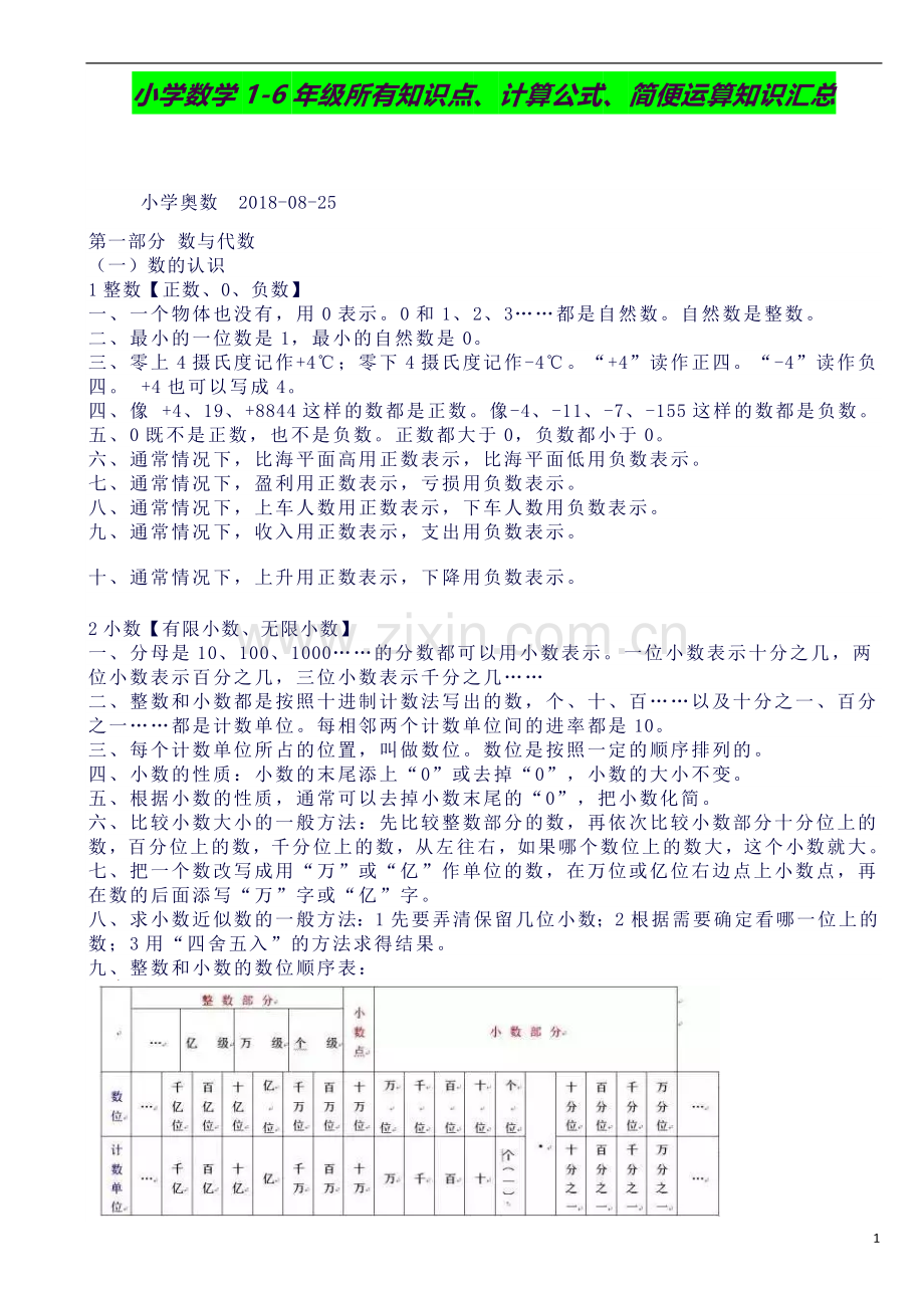 小学数学1-6年级所有知识点、计算公式、简便运算知识汇总.docx_第1页