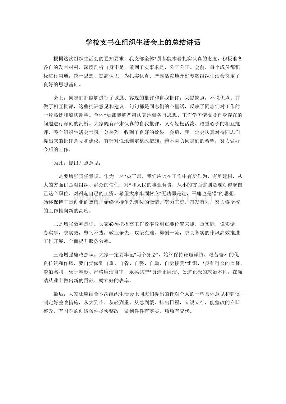 学校支书在组织生活会上的总结讲话-共6页.pdf_第1页