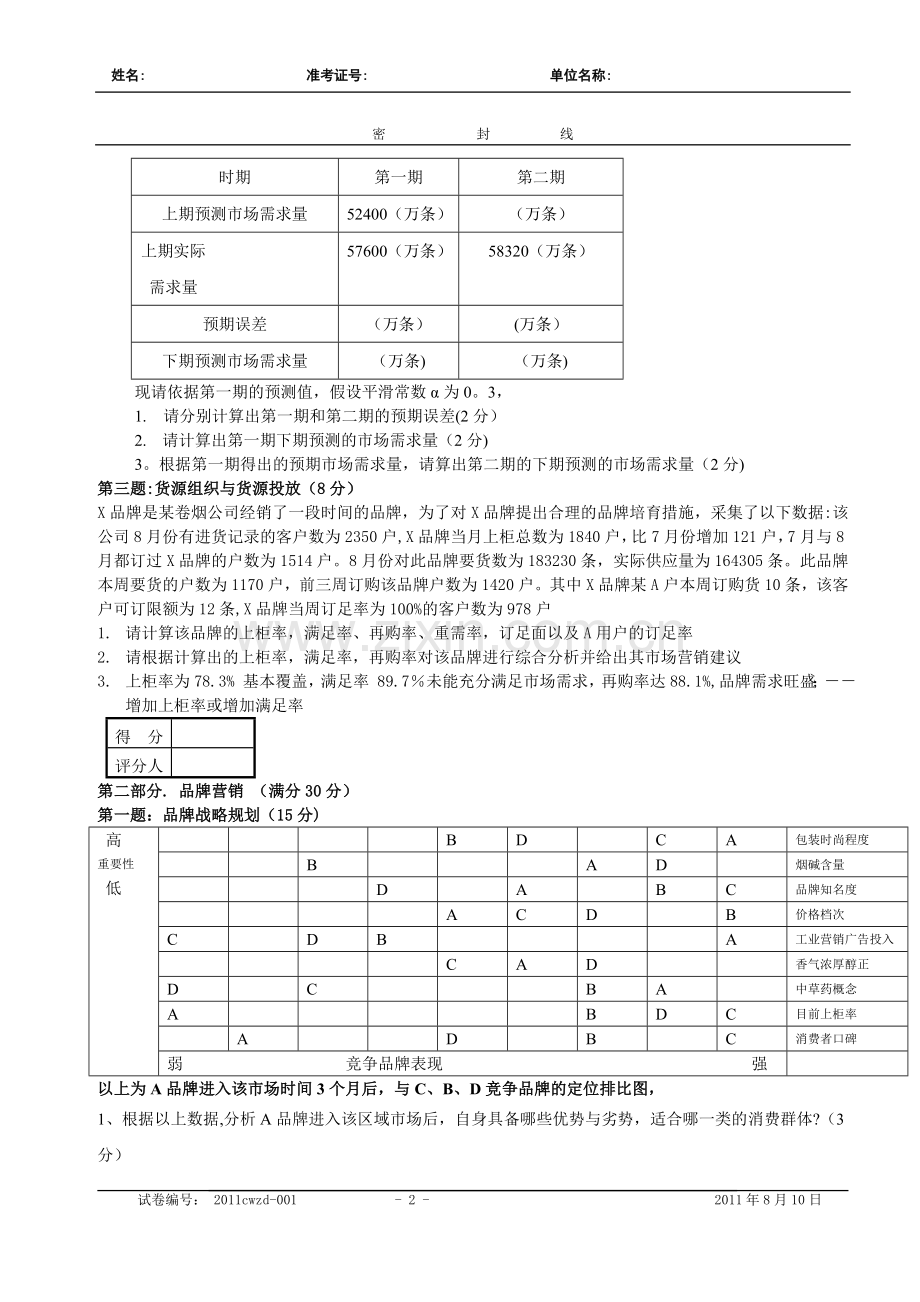 新版高级卷烟商品营销员技能鉴定模拟题cwzd.doc_第2页