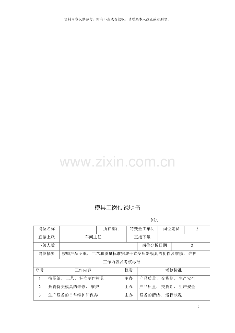 电力集团大型电气配件企业模具工岗位说明书模板.doc_第2页