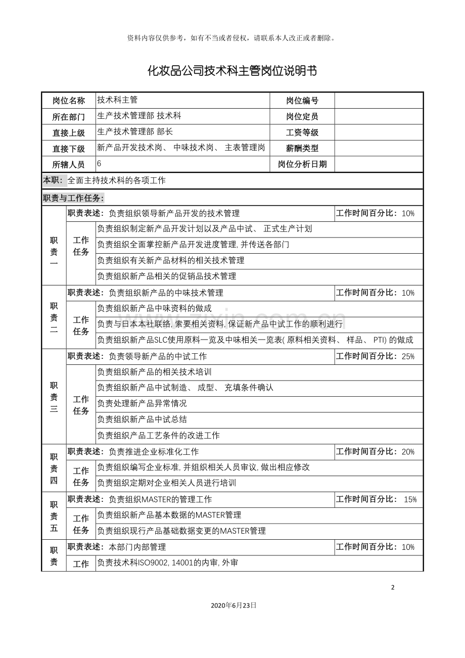 化妆品公司技术科主管岗位说明书.doc_第2页