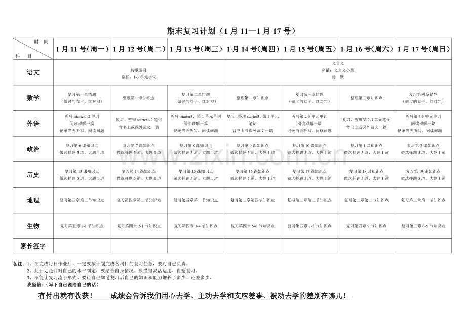 初中寒假前期末复习计划表.doc_第1页