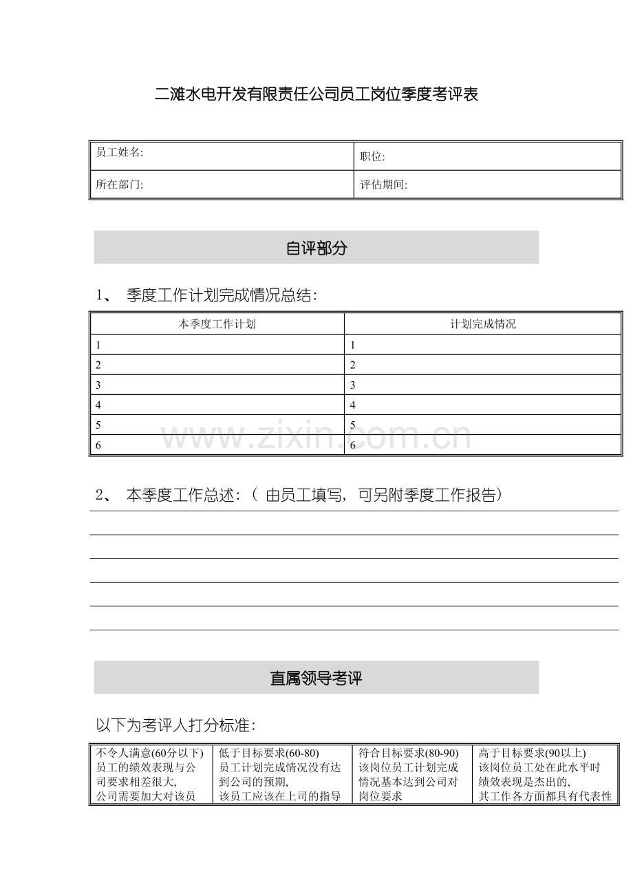 二滩水电开发有限责任公司员工岗位季度考评表模板.doc_第2页