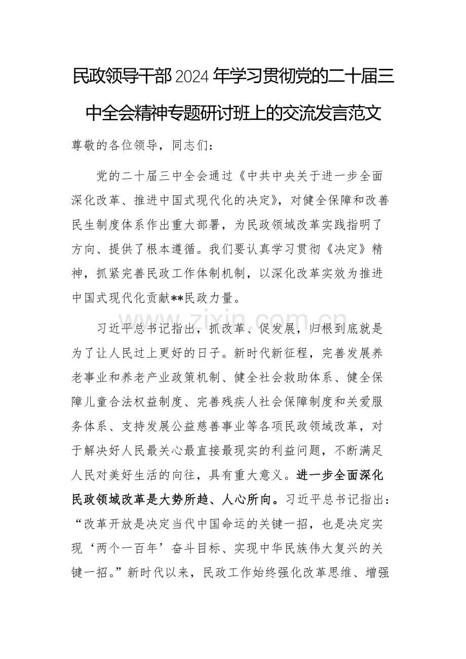 民政领导干部2024年学习贯彻党的二十届三中全会精神专题研讨班上的交流发言范文.docx_第1页