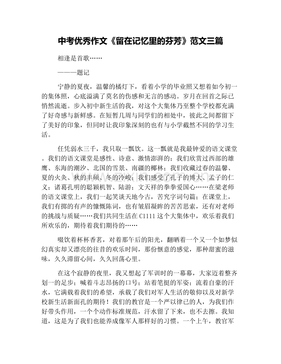 中考优秀作文《留在记忆里的芬芳》范文三篇.doc_第1页