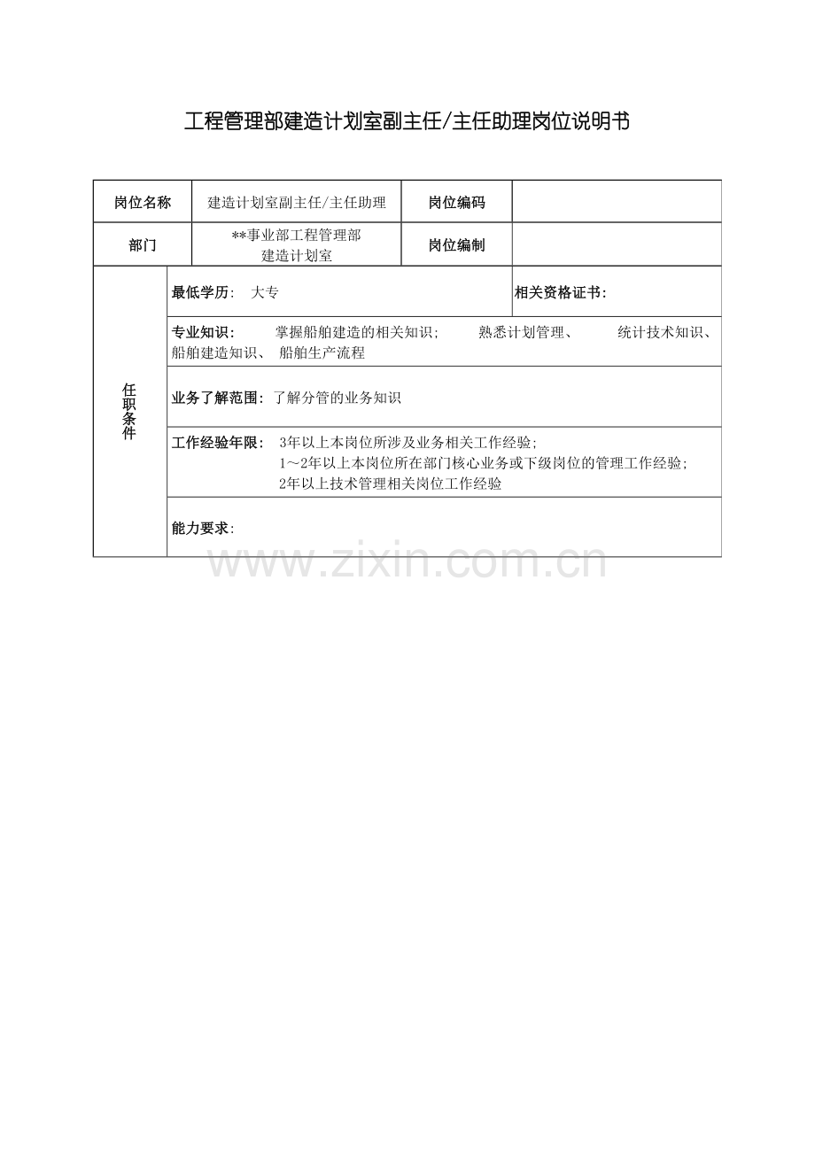 广船国际事业部工程管理部建造计划室副主任主任助理岗位说明书模板.doc_第2页
