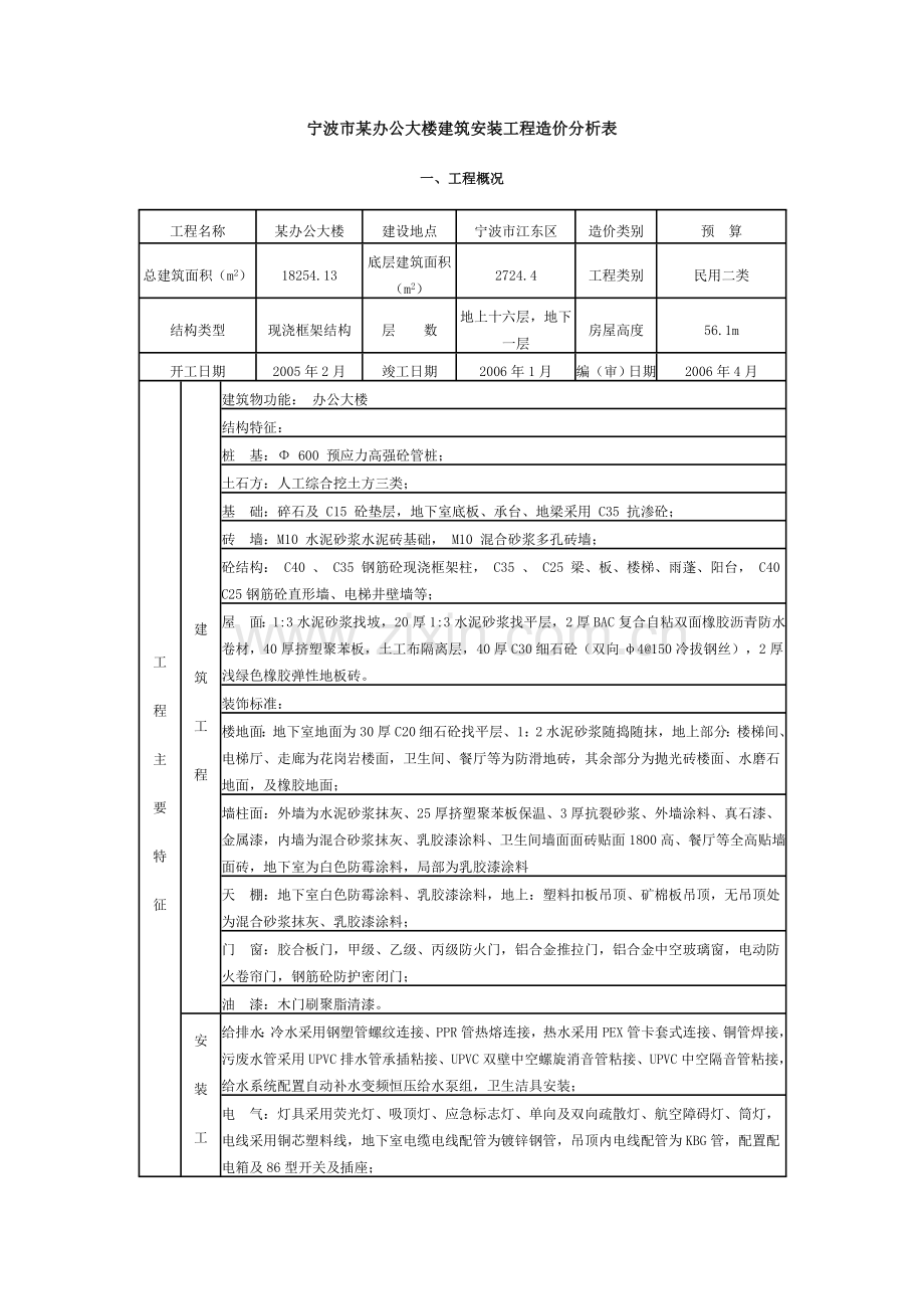 宁波市某办公大楼建筑安装工程造价分析表.doc_第1页