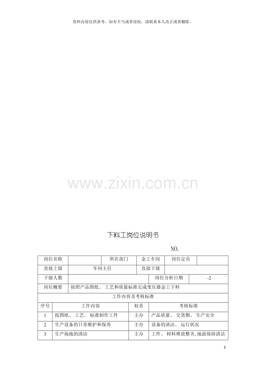 电力集团大型电气配件企业下料工岗位说明书模板.doc_第2页