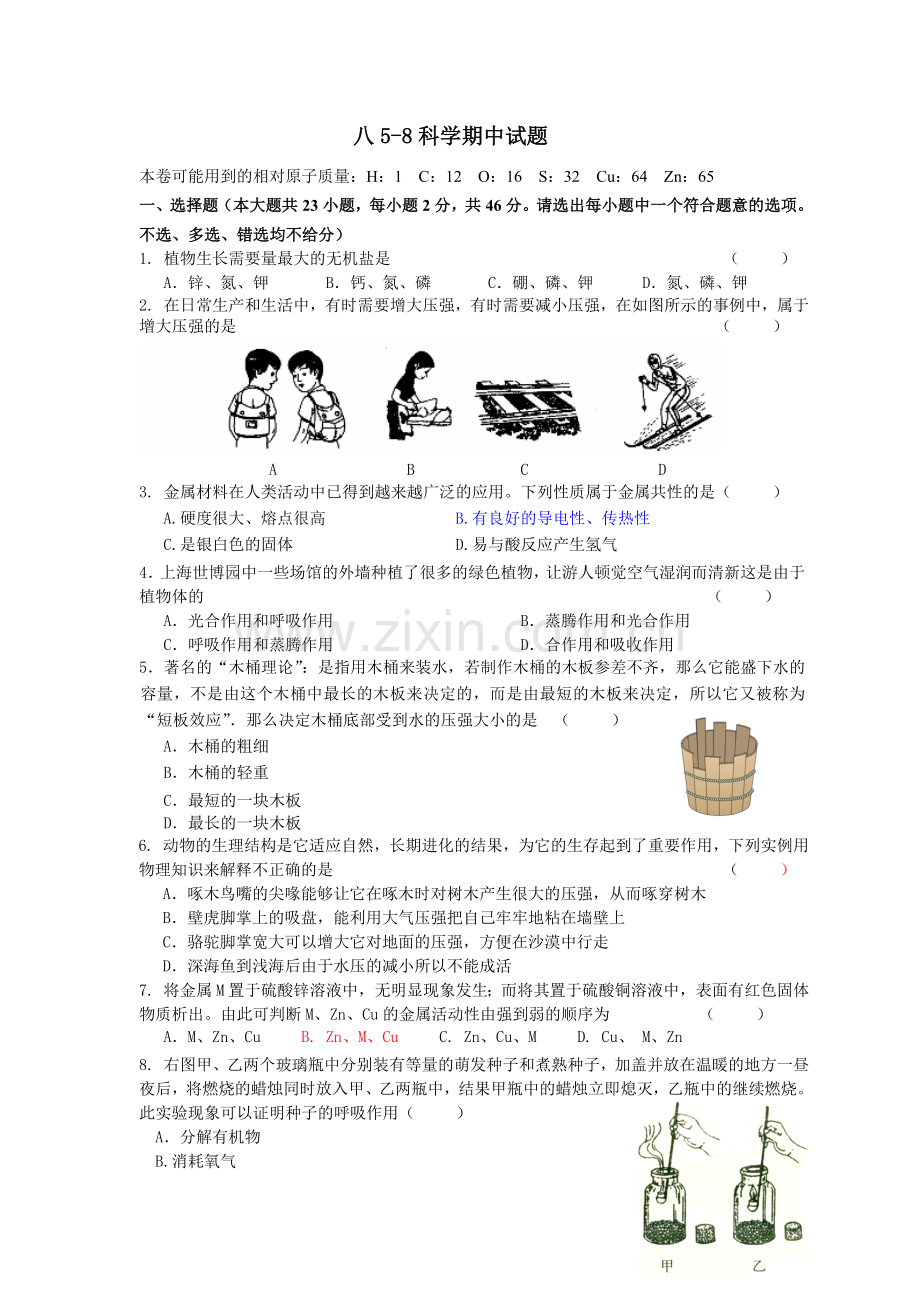 华师大版八上科学期中试题.doc_第1页