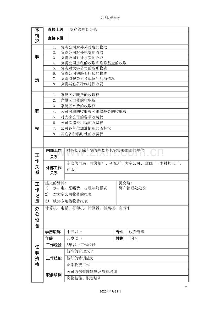 集团收费管理主任科员岗位说明书.doc_第2页
